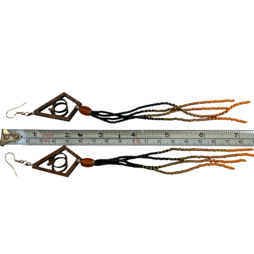 Artisian Fall Pumpkin Wood Seed Bead Dangle Pierced Earrings Boho - Picture 6 of 7
